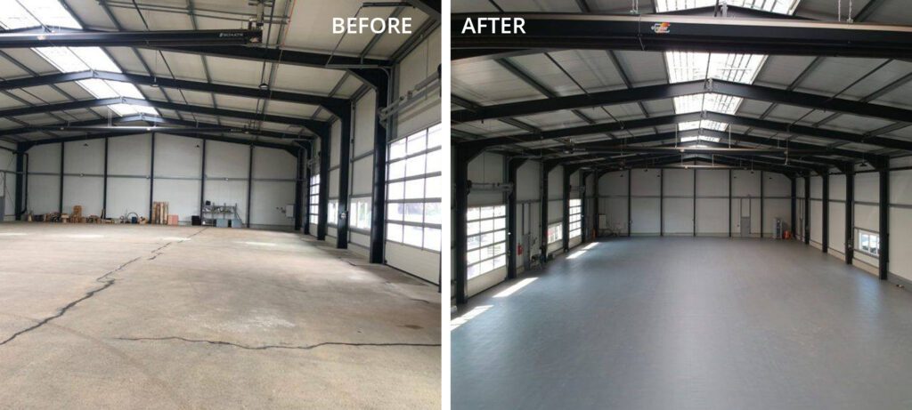 Before and after factory warehouse flooring